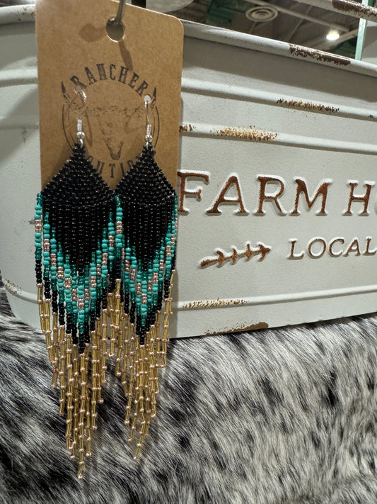 Beaded Turquoise, Black and Gold Earrings