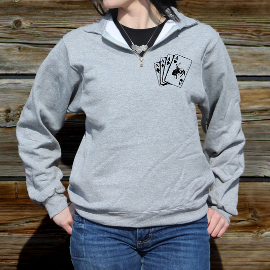 1/4 Zip Crewneck Graphic Sweatshirt with deck of Cards