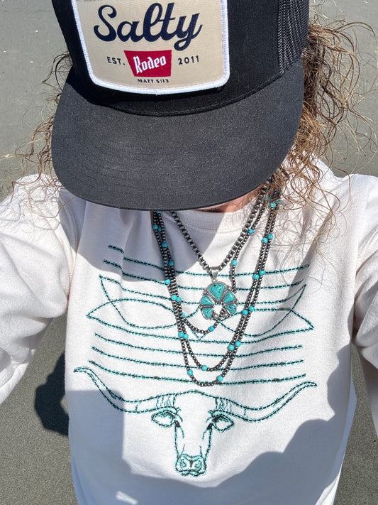 Turuoise Boot Stitch Graphic Crew Sweatshirt Cream