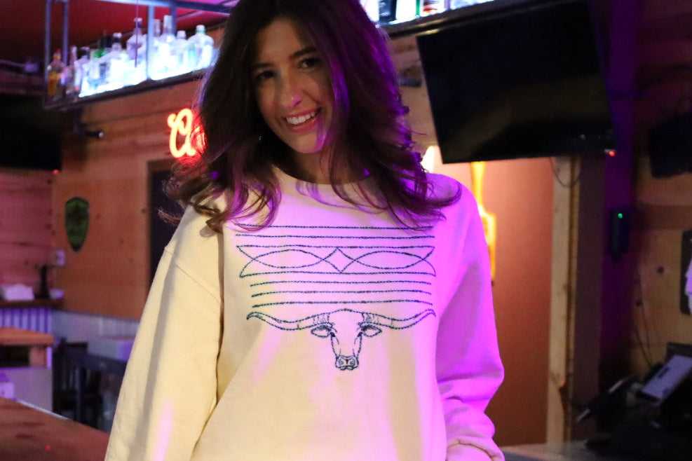 Turuoise Boot Stitch Graphic Crew Sweatshirt Cream