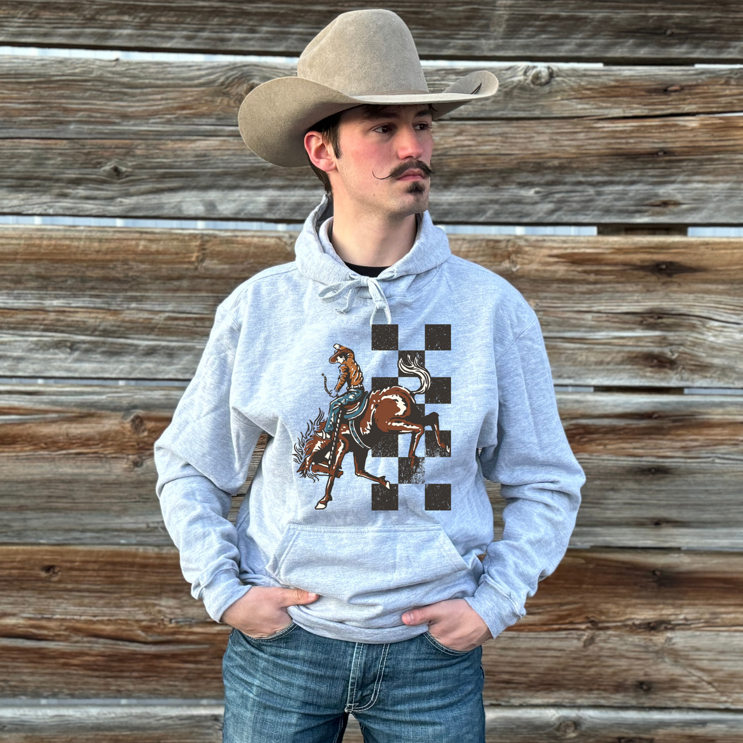 Checkered Bucking Horse Graphic Hoodie - Gray
