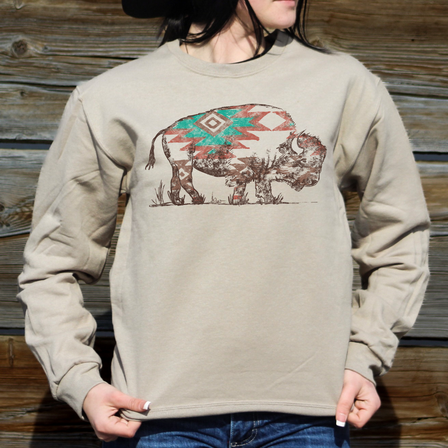 Distressed Aztec Buffalo Crew Sweatshirt
