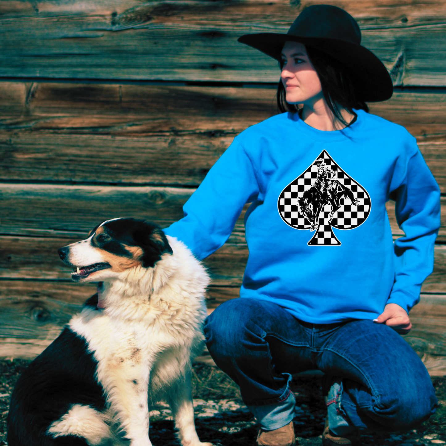Black & White Spade Bucking Horse Graphic Crew Sweatshirt Blue