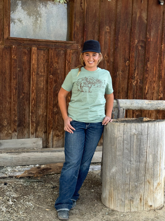 Cowgirl Riding with Windmill Graphic T-Shirt