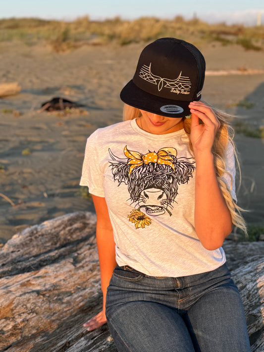 Highlander Cow with Yellow Daisy Graphic T-Shirt
