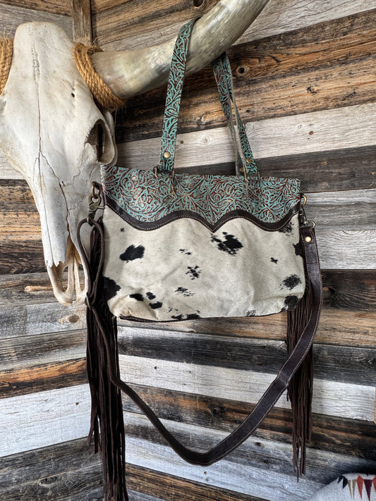 Turquoise Tooled All Leather Bag with Cowhide and fringe