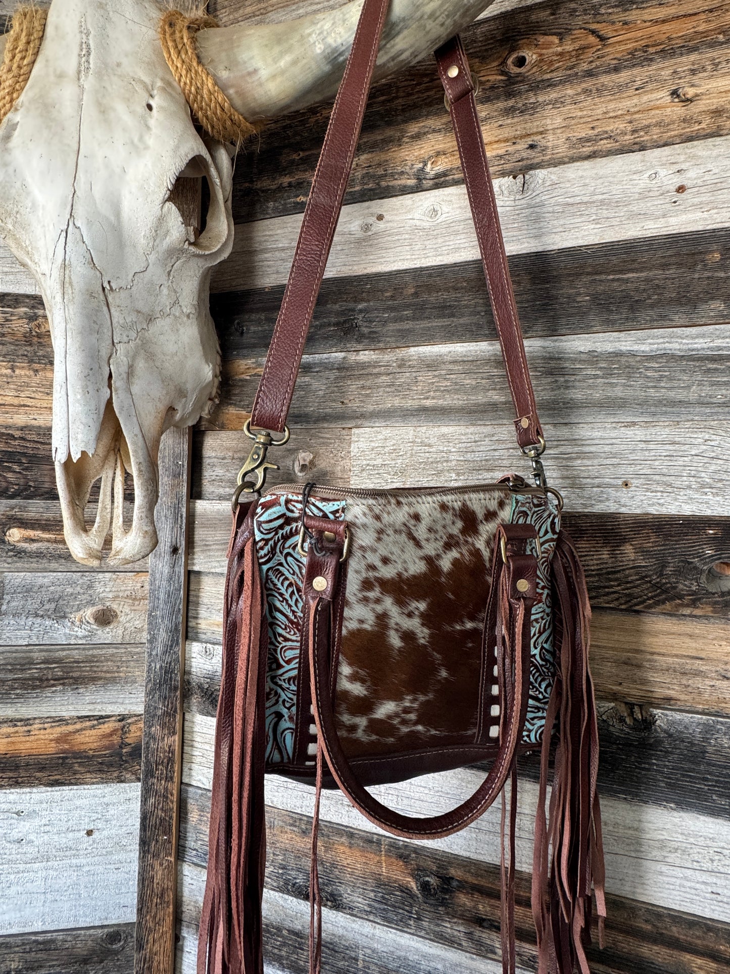 Turquoise Tooled Conceal Carry Purse with Cowhide and fringe