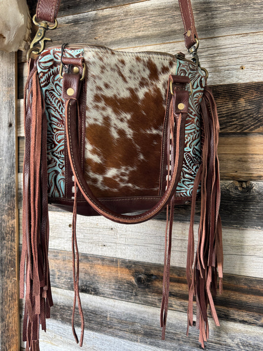 Turquoise Tooled Conceal Carry Purse with Cowhide and fringe