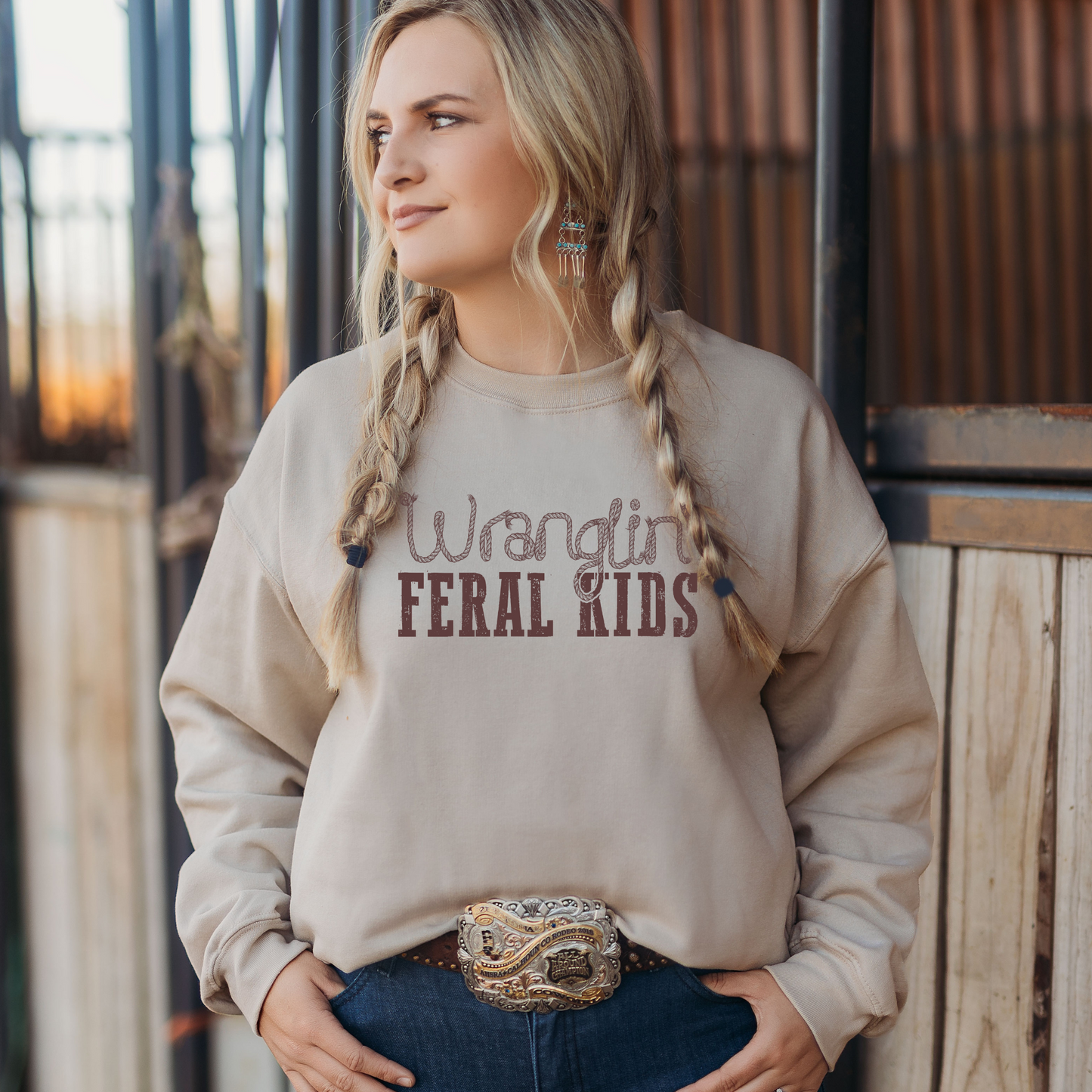 Wranglin' Feral Kids Graphic Crew Sweatshirt Tan