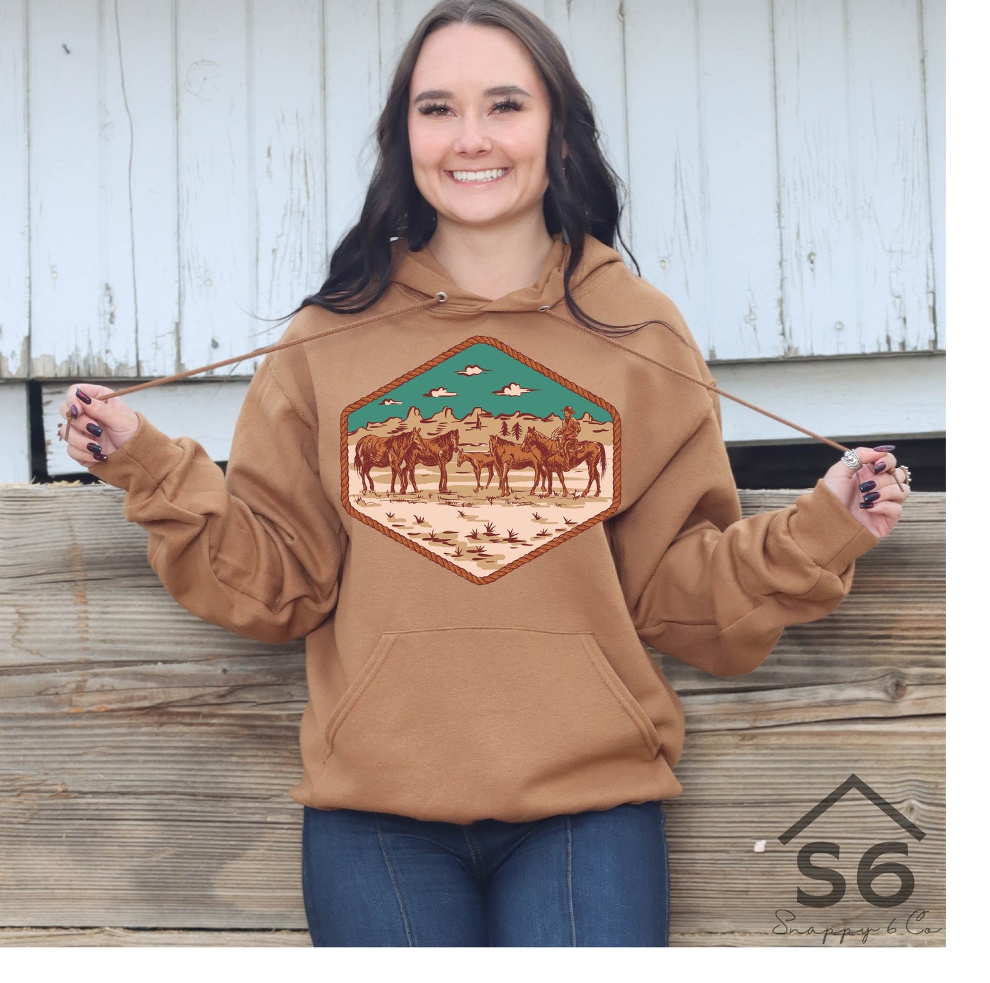 Horses with Mountians Brown Graphic Hoodie