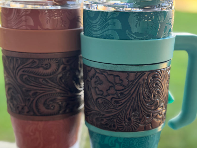 Leather Tooled Wide Wyoming Tumblers