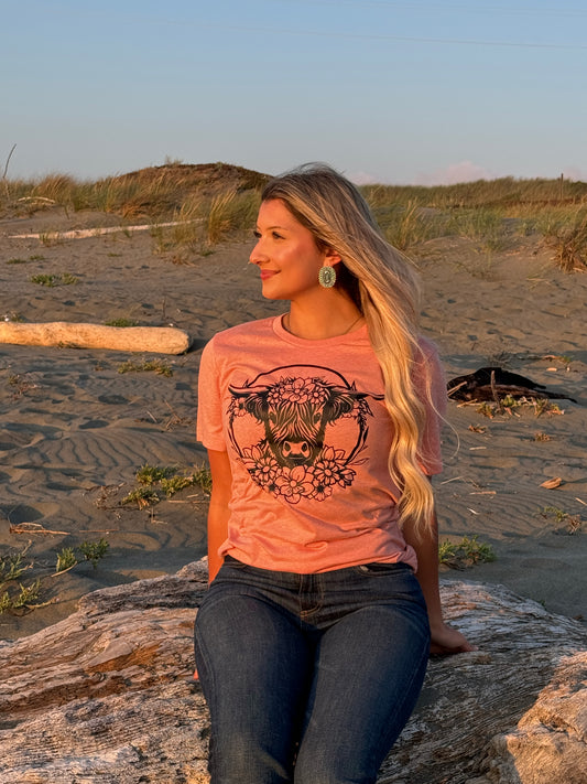 Coral Highlander Cow with Flowers Graphic T-Shirt