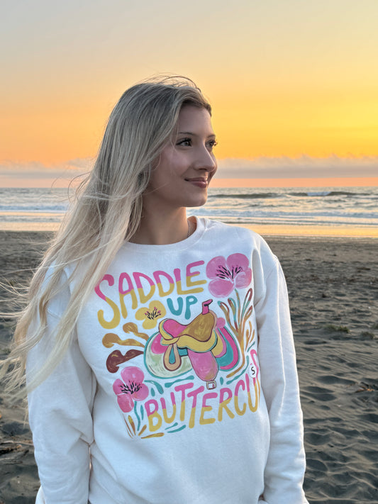 Saddle Up Buttercup Graphic Crew Sweatshirt Cream