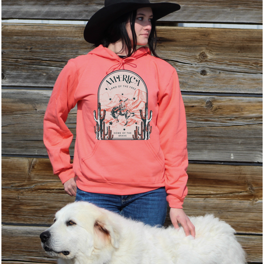 Girl wearing America land of the free home of the brave hoodie. 