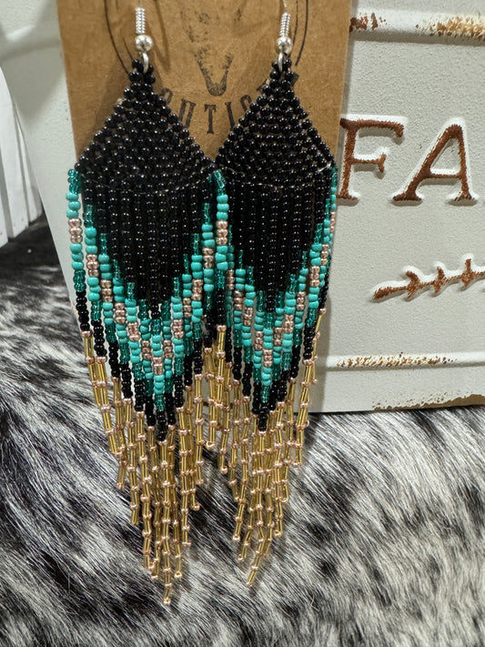 Beaded Turquoise, Black and Gold Earrings