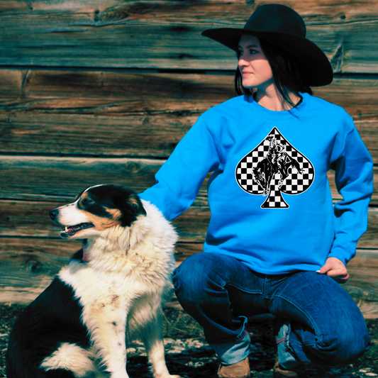 Black & White Spade Bucking Horse Graphic Crew Sweatshirt Blue