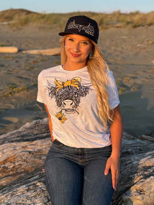 Highlander Cow with Yellow Daisy Graphic T-Shirt