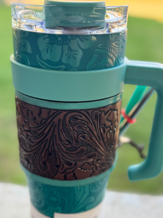 Leather Tooled Wide Wyoming Tumbler in Turquoise