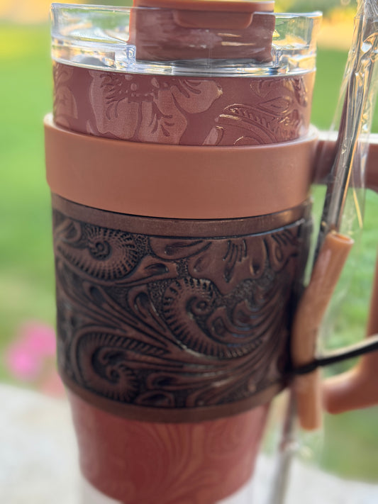 Leather Tooled Wide Wyoming Tumbler in Brown