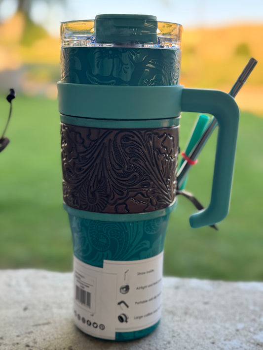 Leather Tooled Wide Wyoming Tumbler in Turquoise