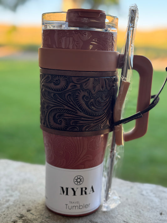 Leather Tooled Wide Wyoming Tumbler in Brown