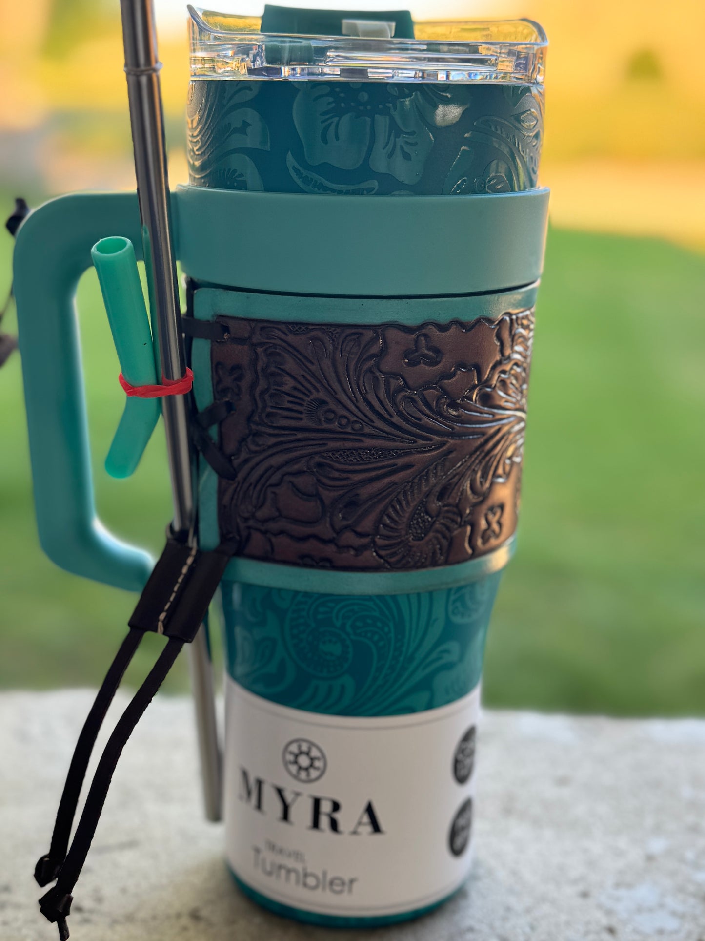 Leather Tooled Wide Wyoming Tumbler in Turquoise