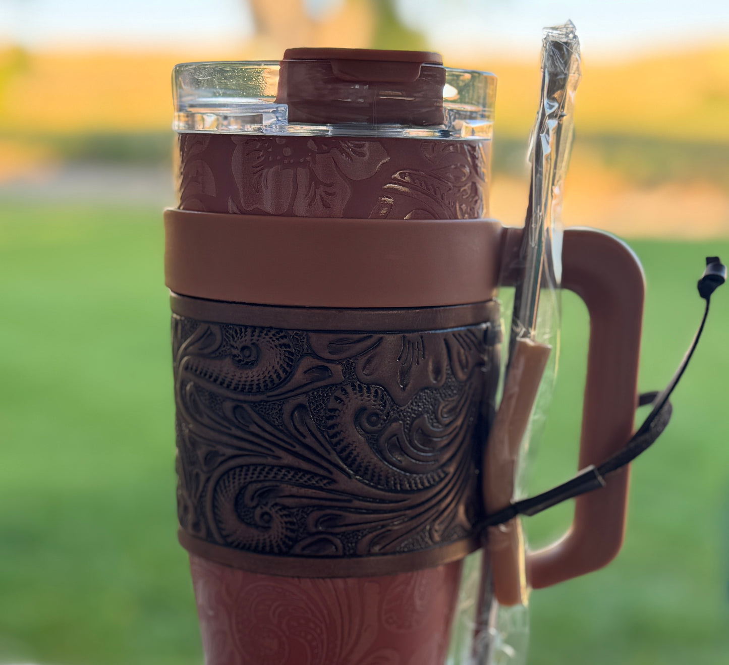 Leather Tooled Wide Wyoming Tumbler in Brown