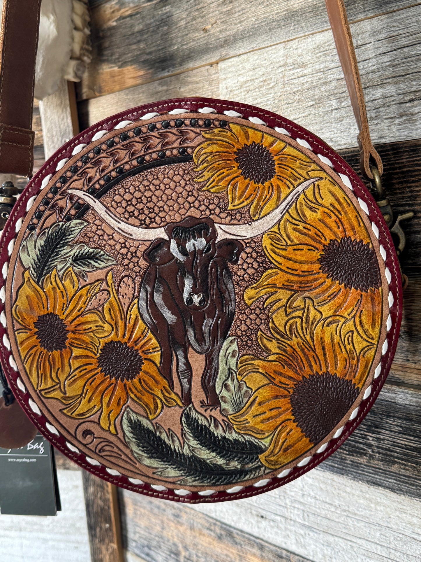 Longhorn Tooled Leather Round Purse with Daisies