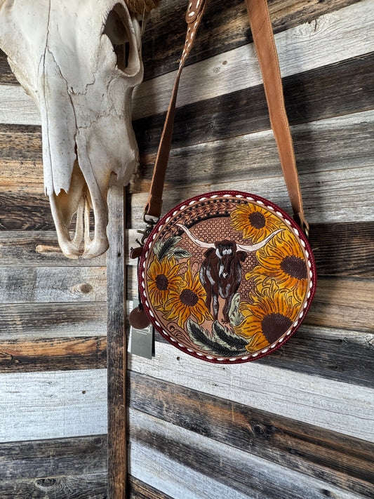 Longhorn Tooled Leather Round Purse with Daisies