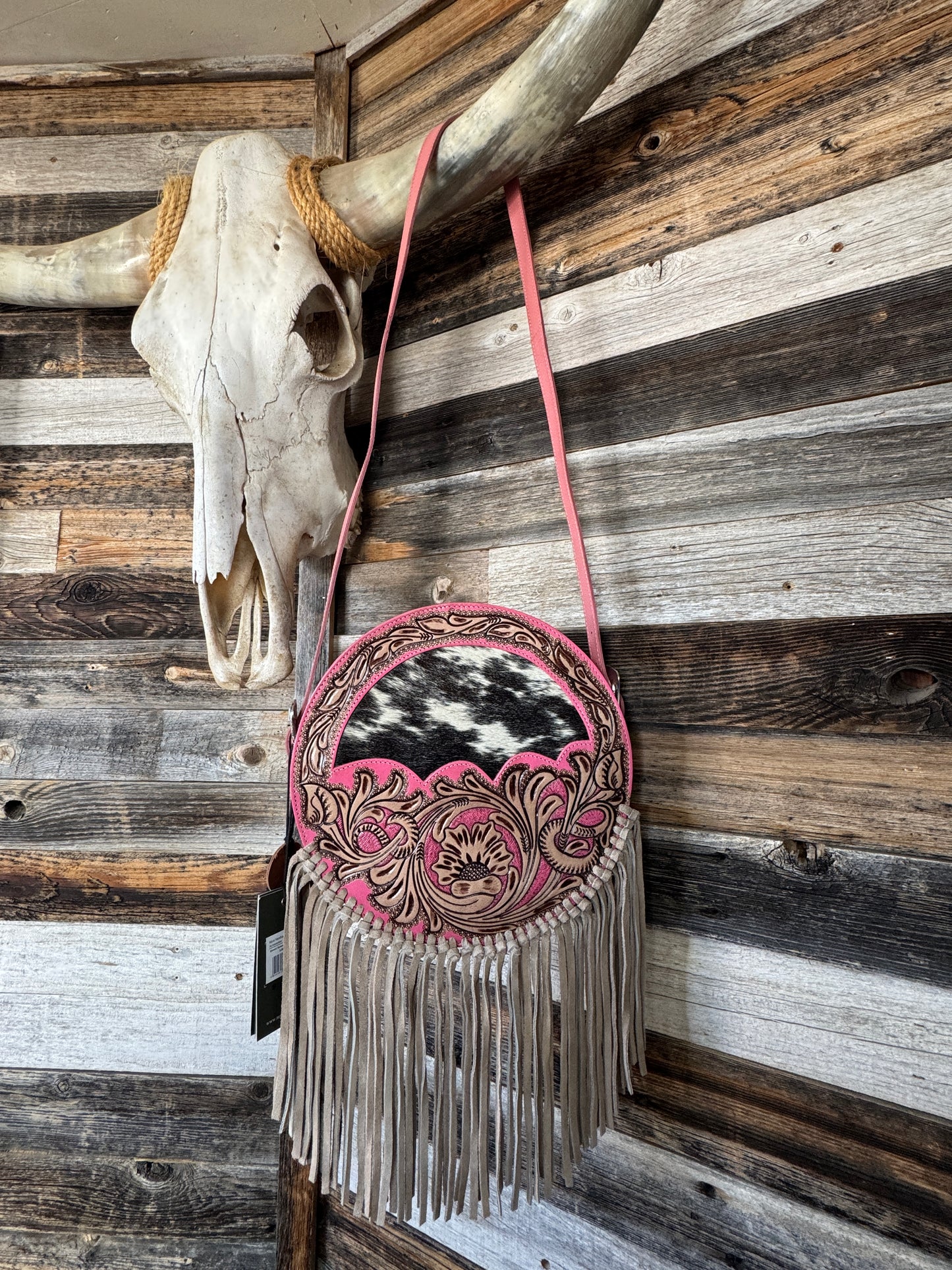 Pink Tooled Leather Round Purse with Cowhide and Fringe
