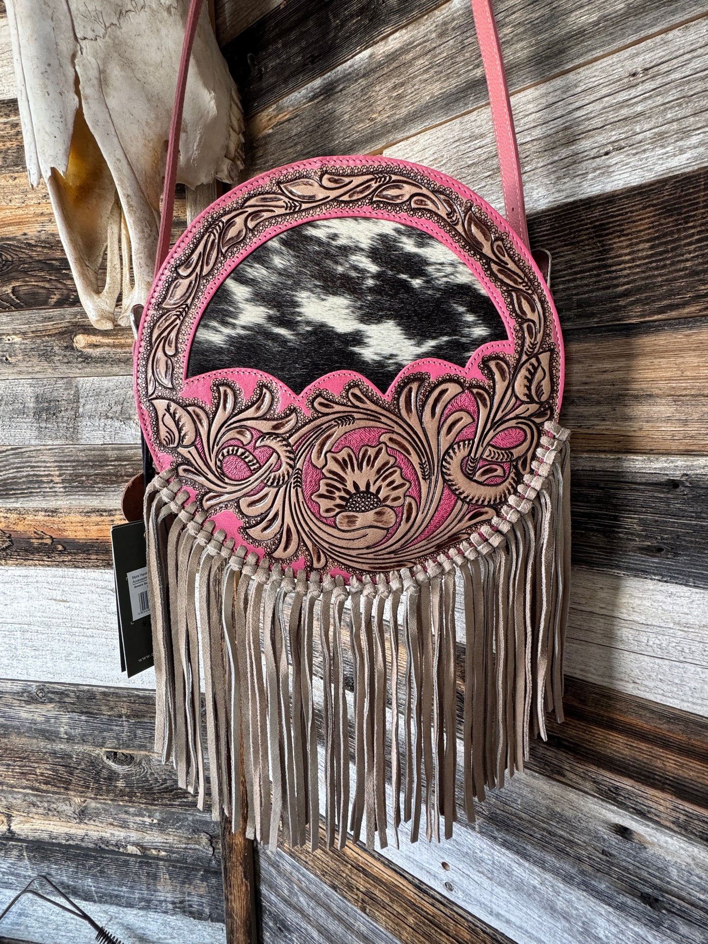 Pink Tooled Leather Round Purse with Cowhide and Fringe
