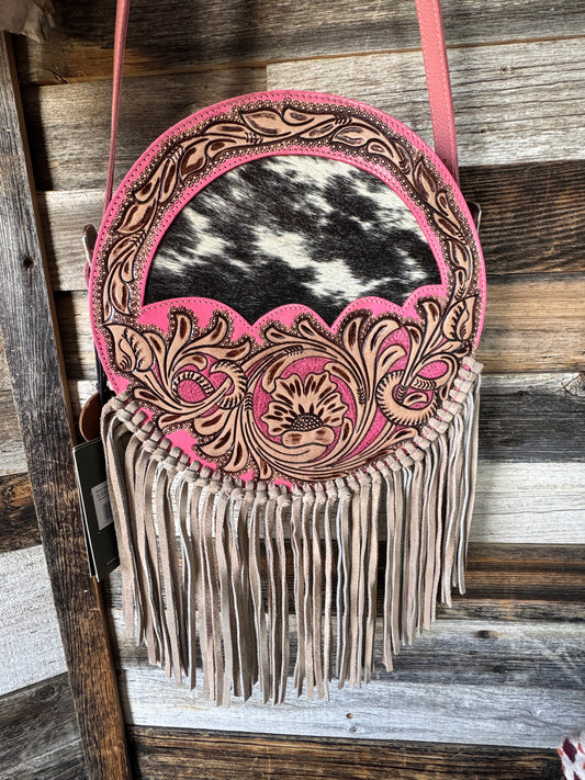 Pink Tooled Leather Round Purse with Cowhide and Fringe