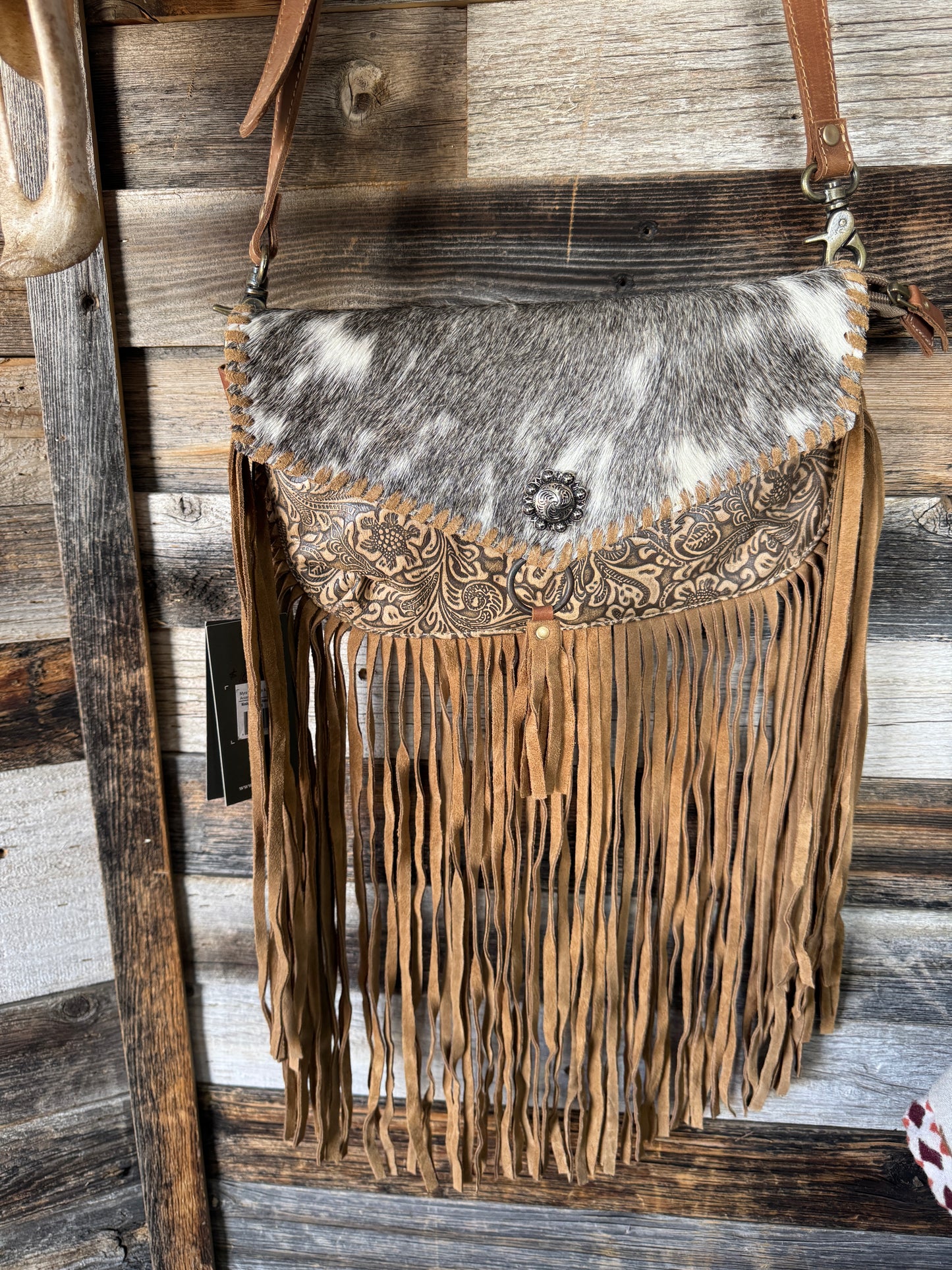 Brown Tooled Leather Purse with Cowhide and Fringe