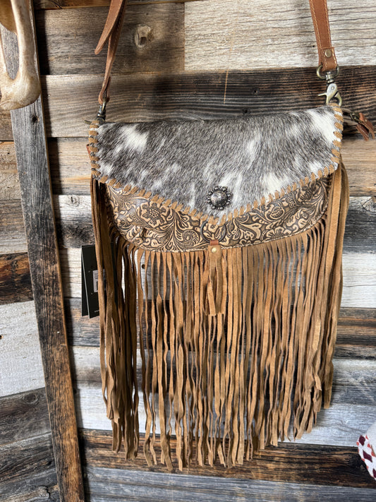 Brown Tooled Leather Purse with Cowhide and Fringe