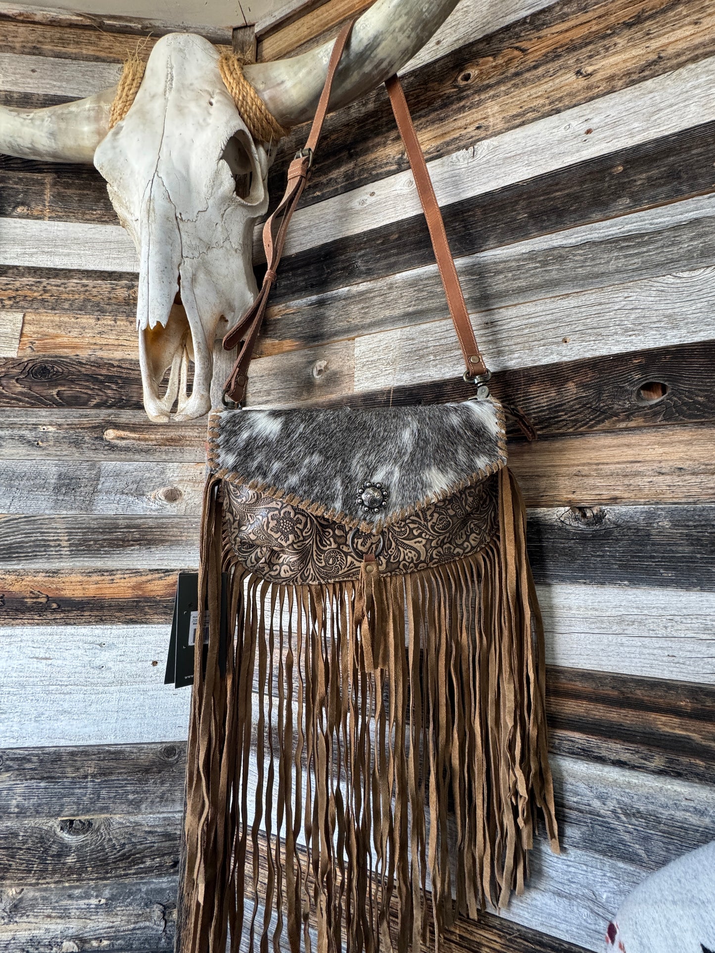 Brown Tooled Leather Purse with Cowhide and Fringe