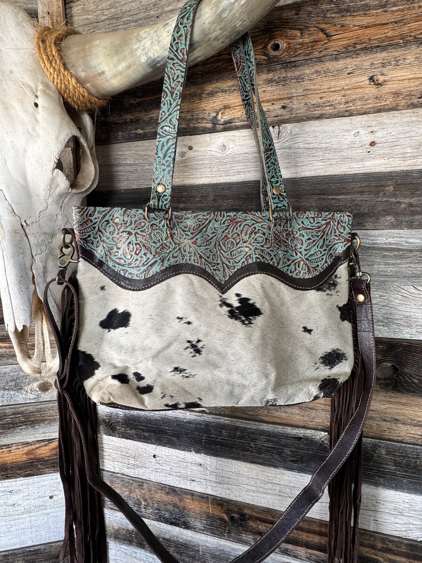Turquoise Tooled All Leather Bag with Cowhide and fringe