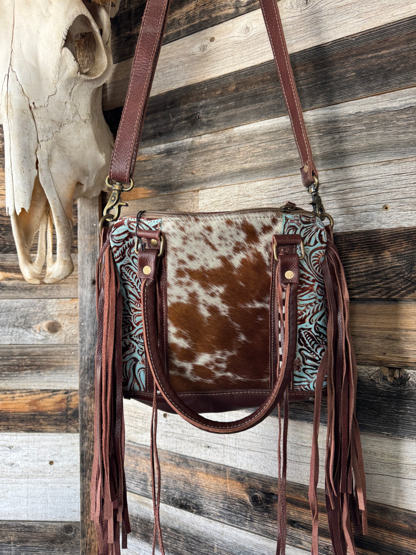 Turquoise Tooled Conceal Carry Purse with Cowhide and fringe