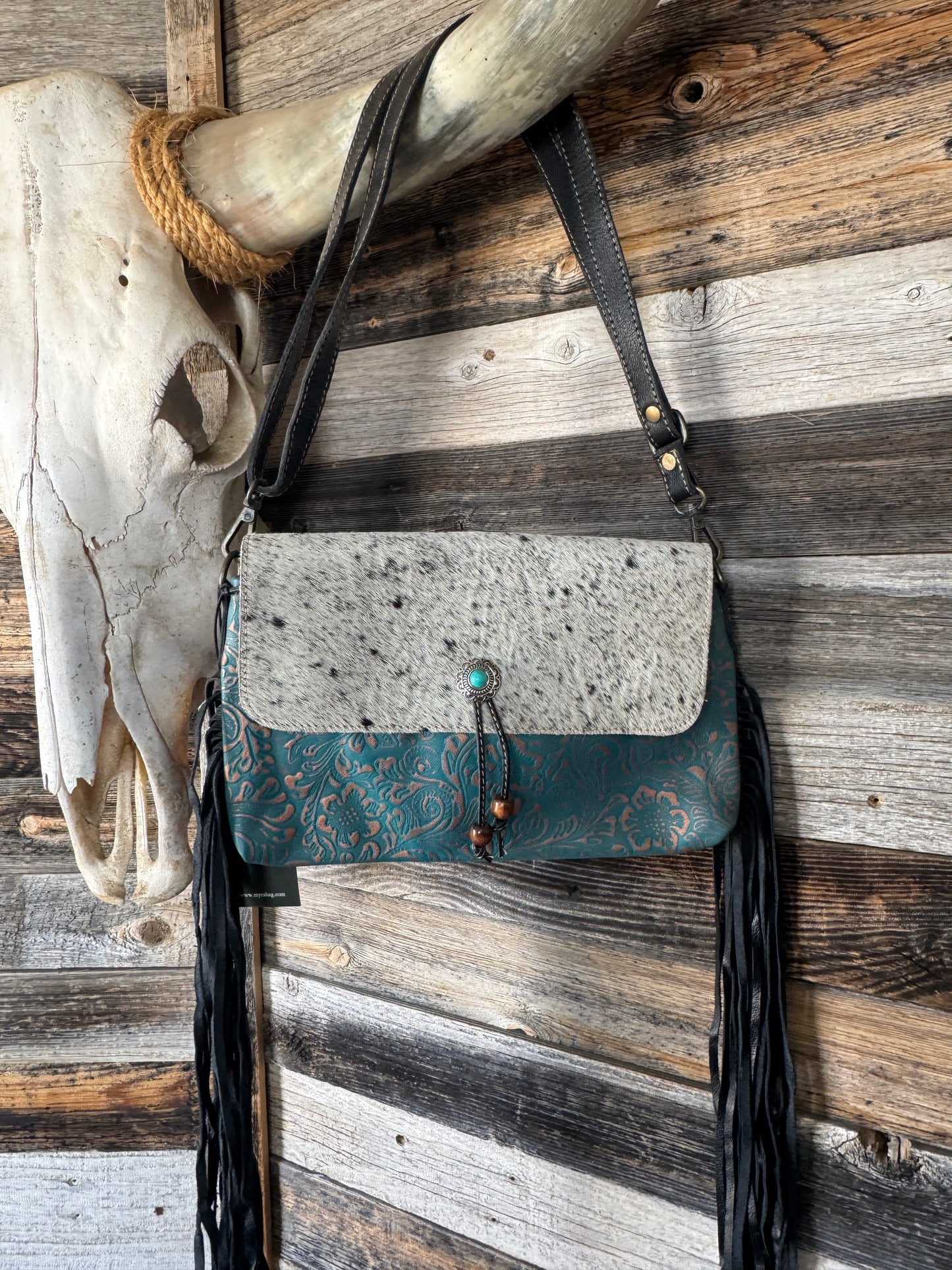 Turquoise and Gold Cowhide Purse with Fringe
