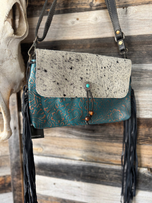 Turquoise and Gold Cowhide Purse with Fringe