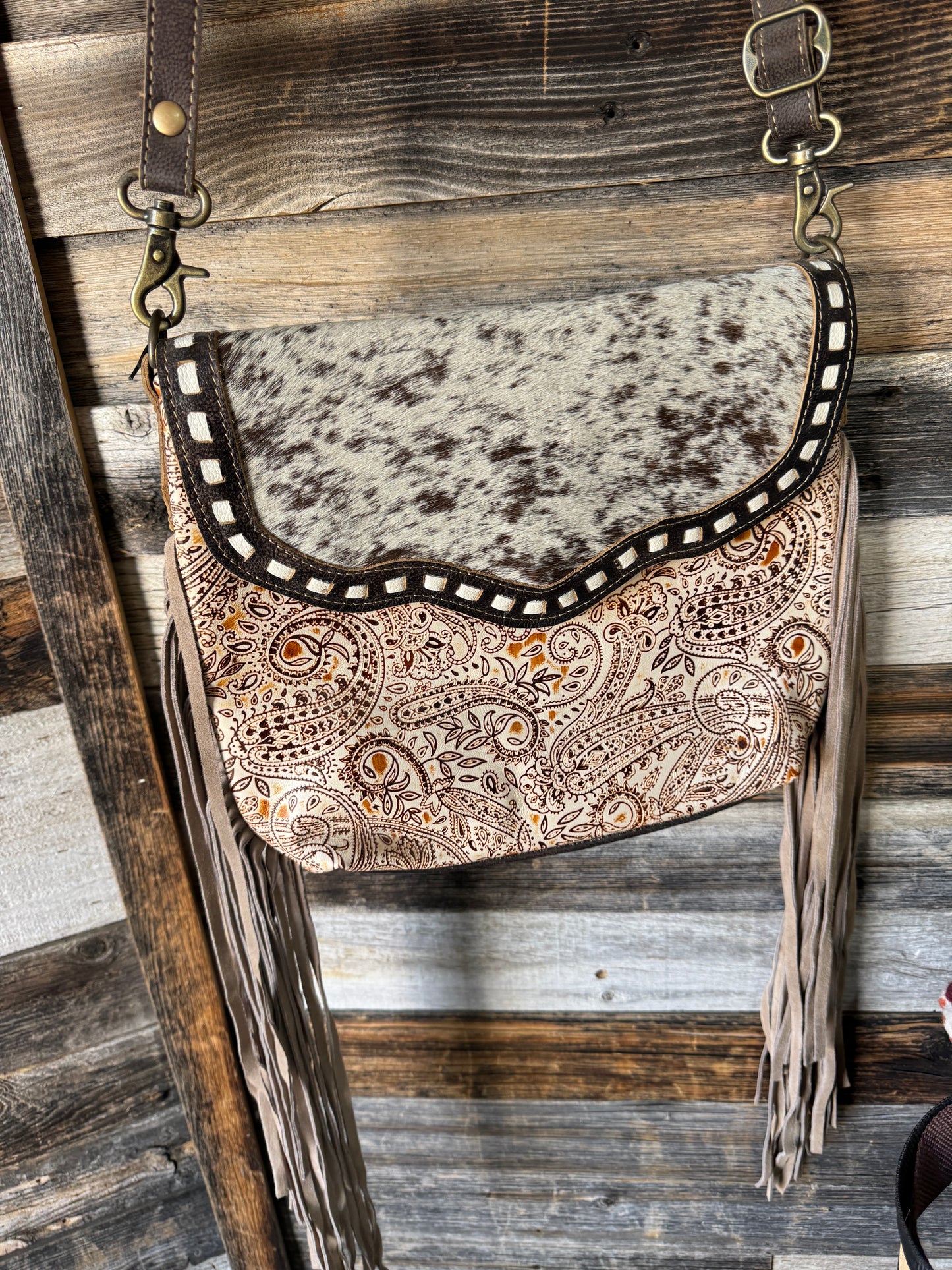 Brown and White Boot Stitch Cowhide Purse with Fringe