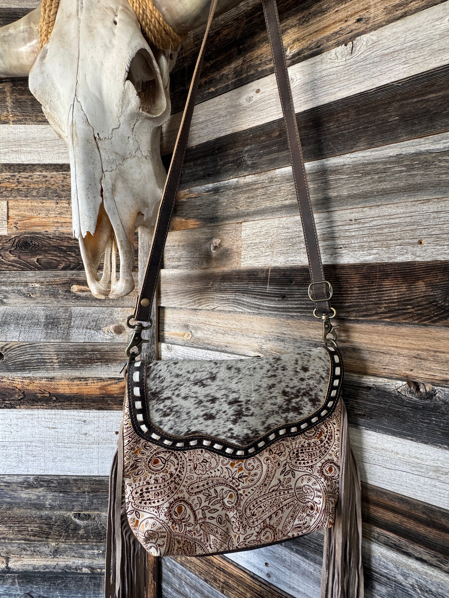 Brown and White Boot Stitch Cowhide Purse with Fringe