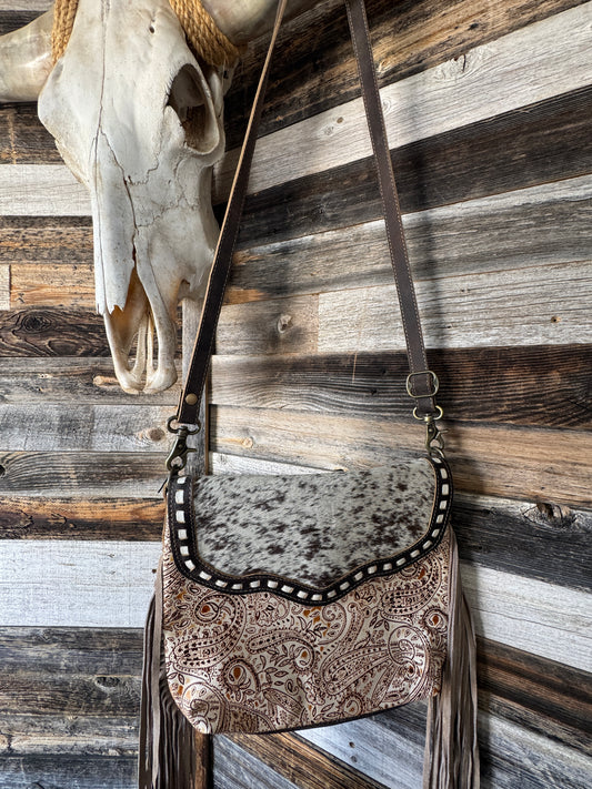 Brown and White Boot Stitch Cowhide Purse with Fringe