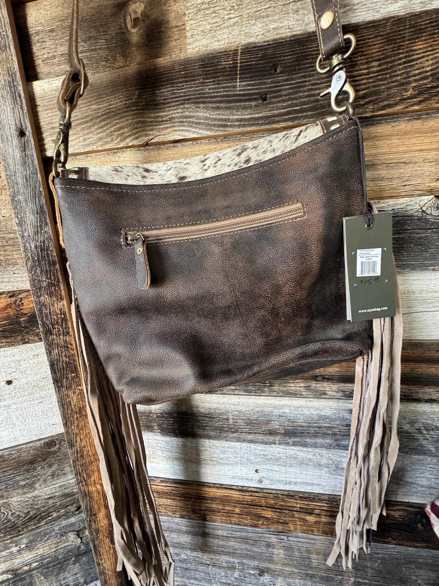 Brown and White Boot Stitch Cowhide Purse with Fringe