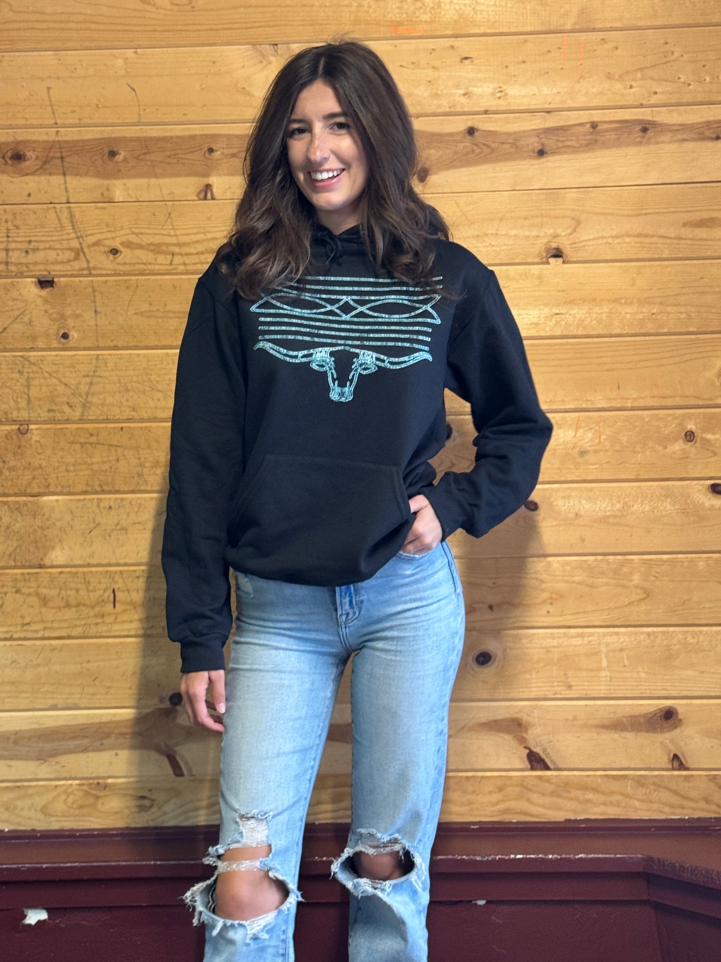 Turquoise Boot Stitch Longhorn Black Hoodie