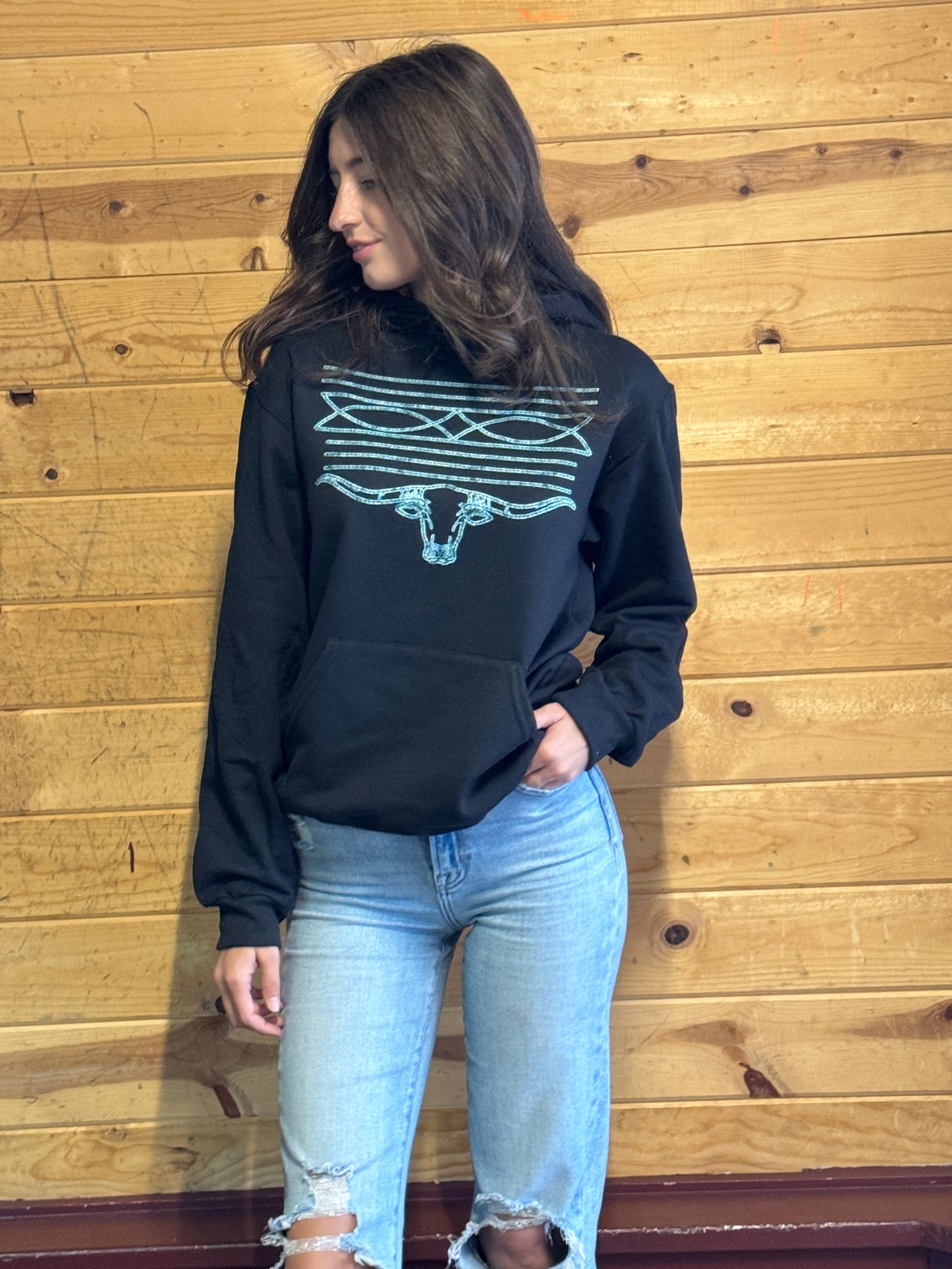 Turquoise Boot Stitch Longhorn Black Hoodie