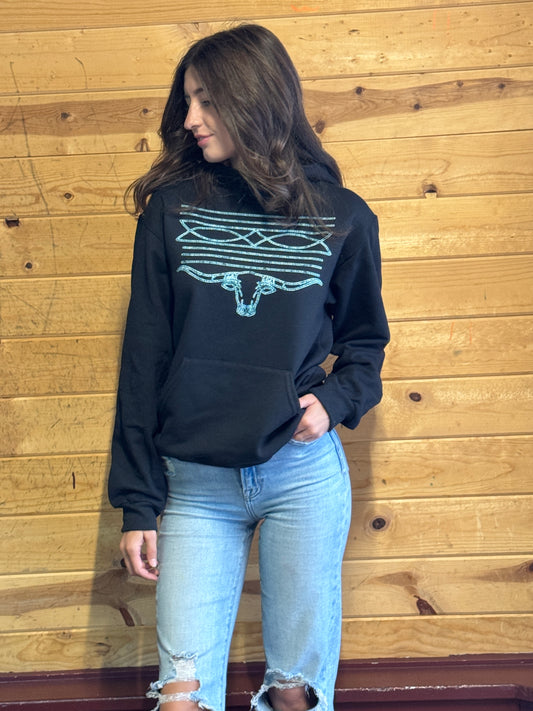 Turquoise Boot Stitch Longhorn Black Hoodie