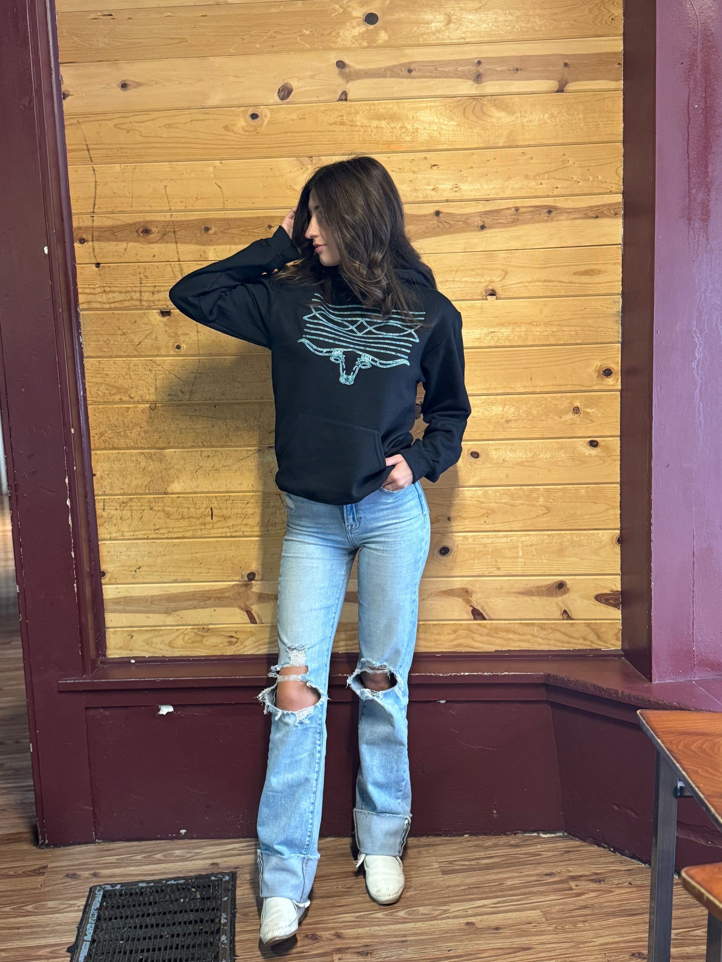 Turquoise Boot Stitch Longhorn Black Hoodie