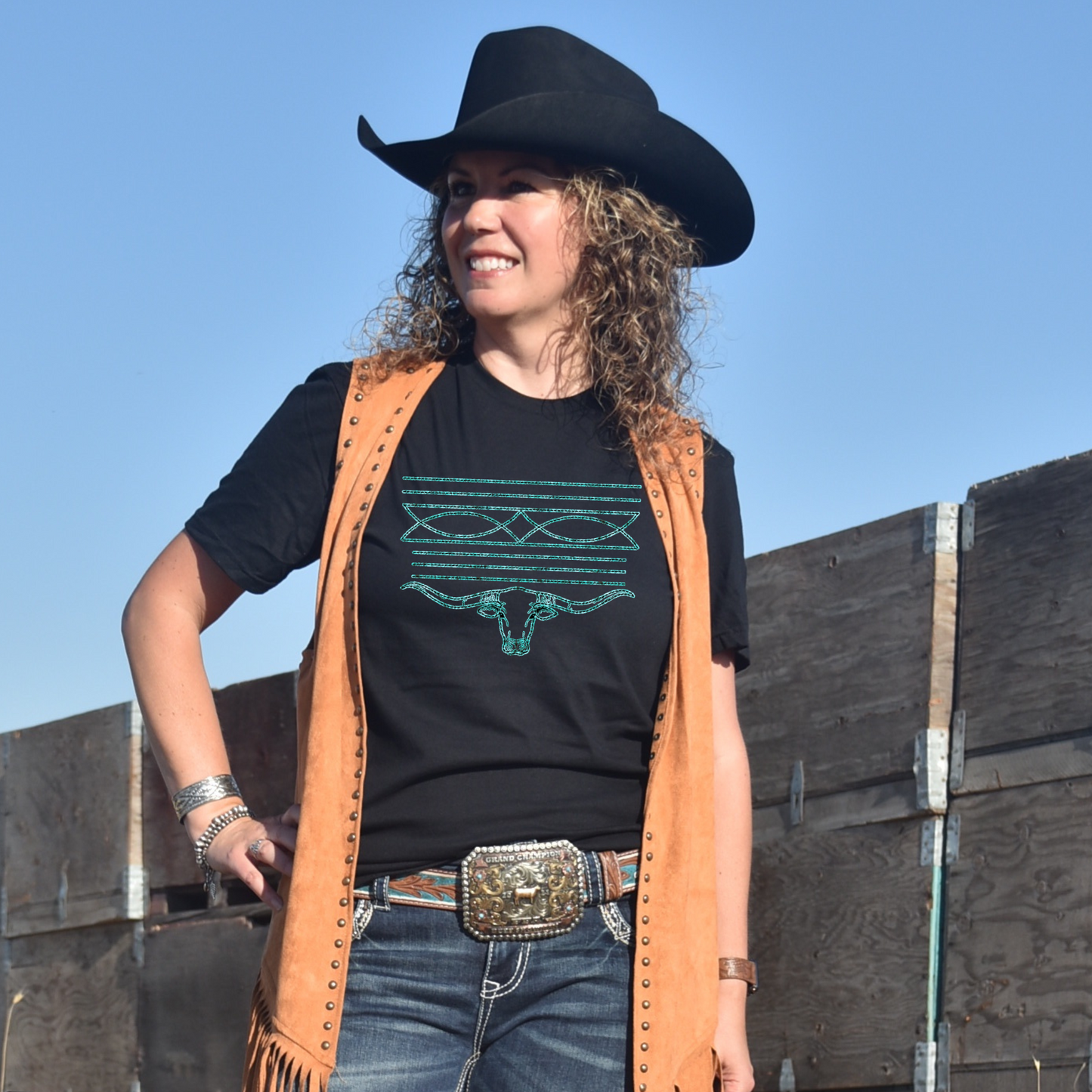 Turquoise Boot Stitch Black Graphic T-Shirt