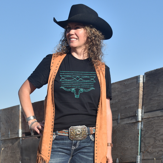 Turquoise Boot Stitch Black Graphic T-Shirt