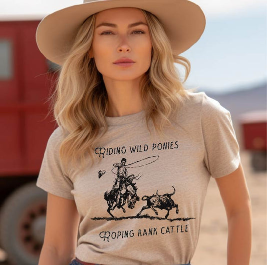 Riding Wild Ponies, Roping Rank Cattle Graphic T-Shirt